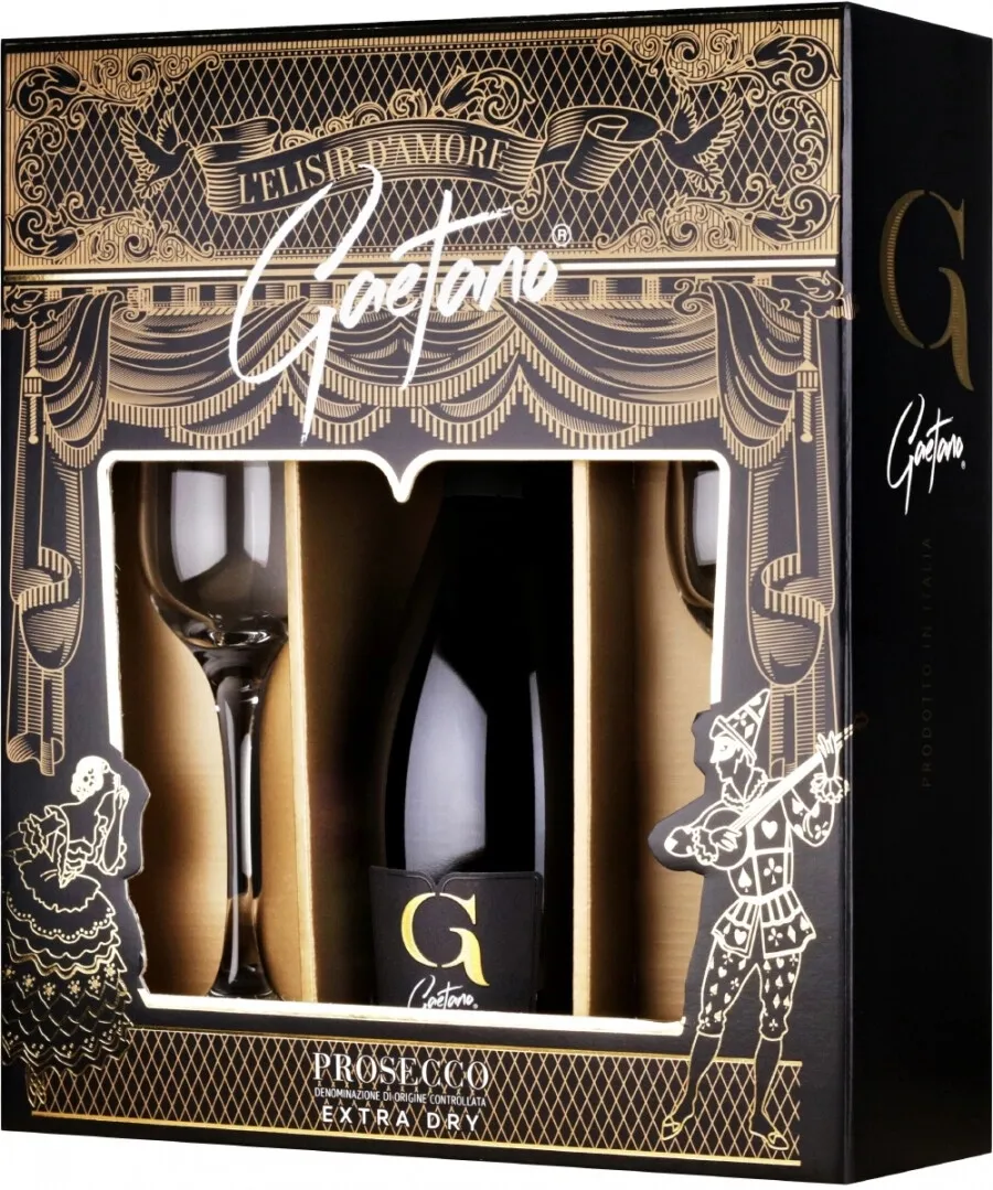 VinoCape Игристое вино Вино Gaetano, Prosecco Extra Dry, with 2 glasses in в подарочной упаковке